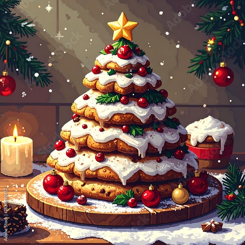 Christmas tree-shaped cookie cake covered in white frosting and red berries on wooden board with holiday decor