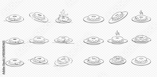 Set of hand-drawn UFOs, flying saucers, and alien spacecraft in various positions, line art vector illustration.