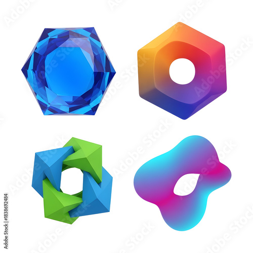 Collection of Four Abstract Geometric Shapes and Forms with Vibrant Colors and Transparent Backgrounds