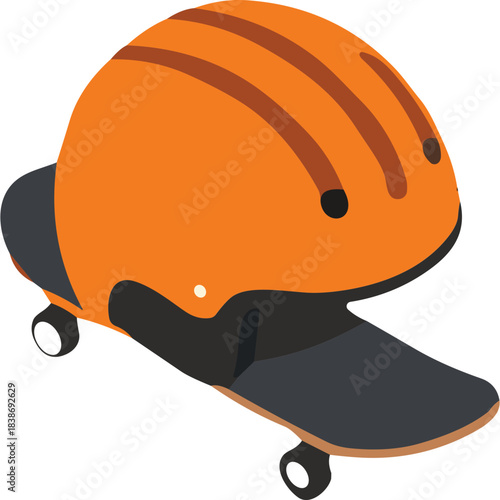 Orange Protective Helmet With Black Straps Resting On A Black Skateboard With Orange Stripes On A Black Transparent Background