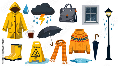 Rainy Season Elements in Flat Illustration for Weather Themes Set