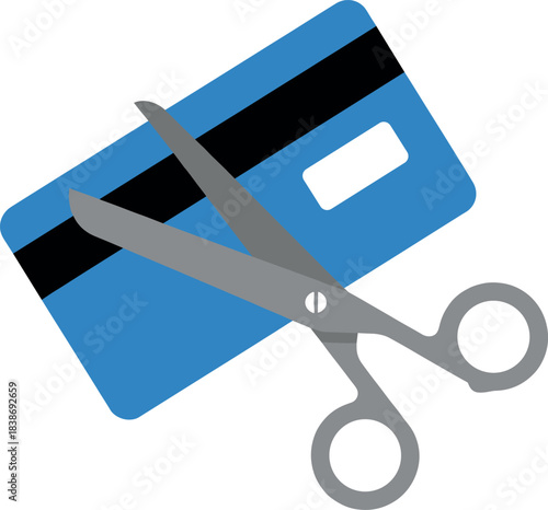 Scissors Cutting a Credit Card Icon Vector Illustration Symbolizing Debt Reduction, Financial Freedom, Budgeting, and Stopping Unnecessary Spending.