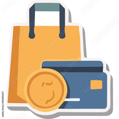 Orange Shopping Bag With Blue Credit Card And Gold Coin In Front Of A White Background Stylized Illustration