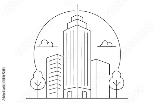 Office building one line art icon minimalist outline vector illustration
