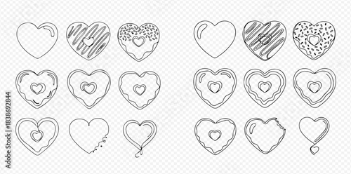 Set of hand-drawn heart-shaped donuts with various glazes and sprinkles, perfect for Valentine's Day or sweet treat designs.