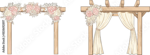 Cartoon wooden wedding arch with pink flower bouquet and curtain, cute pastel colors, white background, clip art
