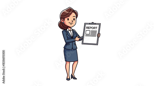 Cartoon businesswoman pointing at a clipboard labeled REPORT