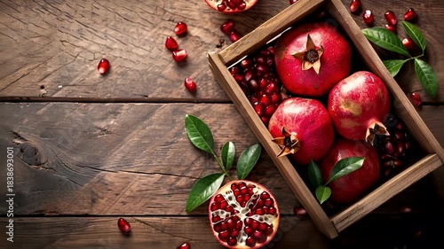 A closeup of a wooden box containing ripe pomegranates on a rustic wooden surface.