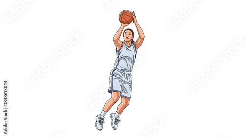 Cartoon female basketball player midair shooting an orange ball