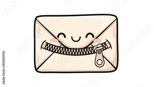 Cartoon envelope with a zipper mouth closed featuring a happy expression