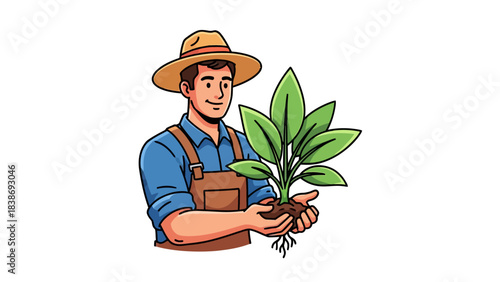 Cartoon farmer in overalls and straw hat holding a leafy green seedling