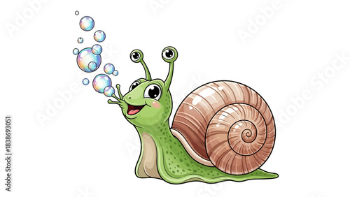 Cartoon green snail blowing iridescent soap bubbles against a white background