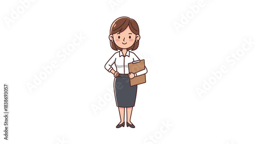 Cartoon illustration of a smiling businesswoman holding a clipboard