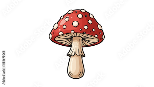 Cartoon illustration of a red and white spotted Amanita mushroom on a white background
