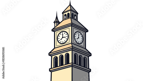 Cartoon illustration of a twofaced clock tower with arched windows