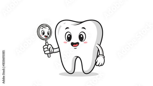 Cartoon molar character holds a dental mirror with a reflection