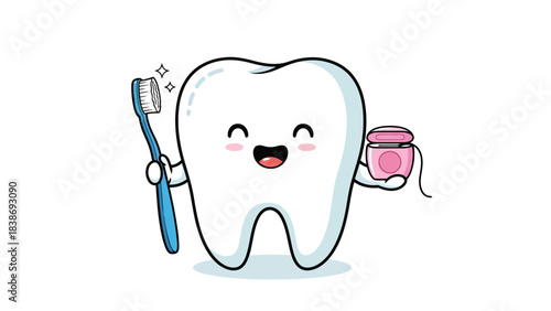Cartoon molar tooth character holding a toothbrush and dental floss