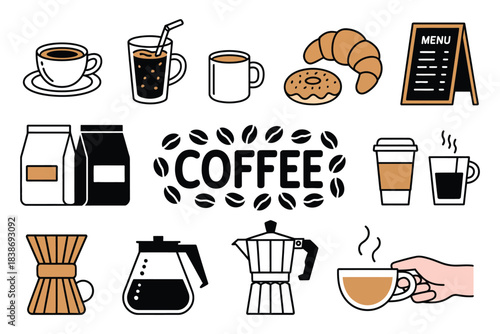 A collection of various coffee-related items and beverages is displayed.