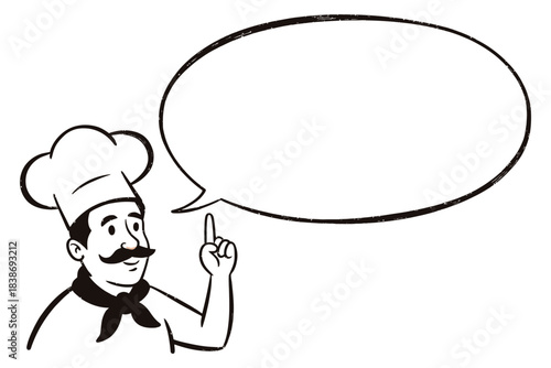 A chef points to a blank speech bubble, ready to share culinary advice or a recipe.