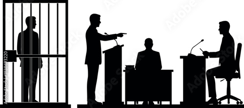 Silhouette Vector Illustration Depicting a Dramatic Courtroom Trial Scene with a Judge, Attorney, and an Incarcerated Defendant in a Jail Cell.