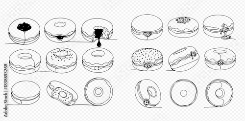 Set of various hand-drawn donut illustrations with different fillings and toppings, perfect for bakery designs.