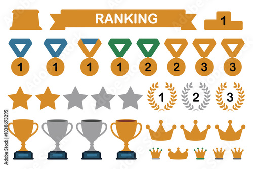 Collection of graphic elements representing ranks, awards, and achievements in a competition.