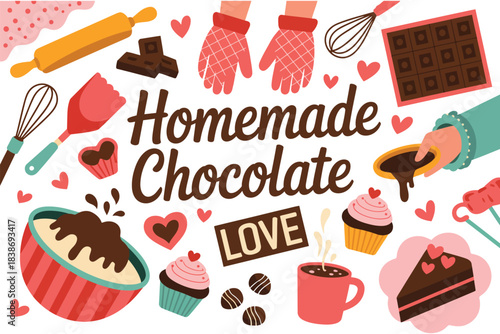 Homemade chocolate making process with ingredients and tools is depicted in this illustration.
