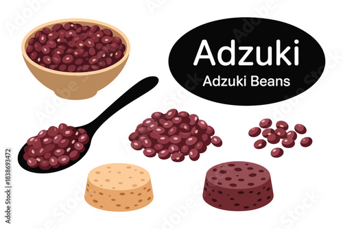 A collection of adzuki beans, including a bowl, spoon, and processed forms.