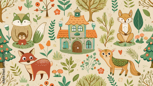 Whimsical woodland animals seamless pattern with cute foxes, owls, and forest cottages. Hand-drawn autumn botanical background for kids nursery decor, textiles, and seasonal gift wrapping.