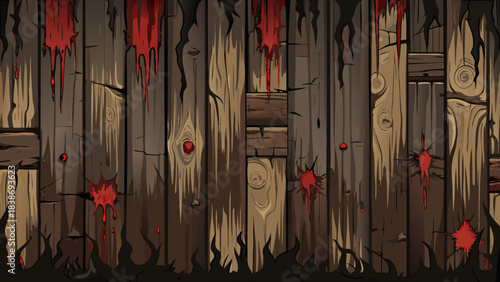 Spooky dark wood fence background with dripping red blood and black shadowy thorns. Grungy horror aesthetic for Halloween posters, scary game textures, and gothic mystery book covers.
