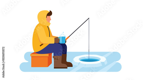 Man Ice Fishing on Frozen Lake Wearing Yellow Parka Blue Pants and Brown Boots Holding Fishing Rod and Mug In Cold Weather Outdoor Activity
