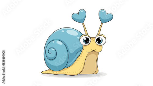 Cartoon snail with blue shell and hearttipped eyestalks on a white background