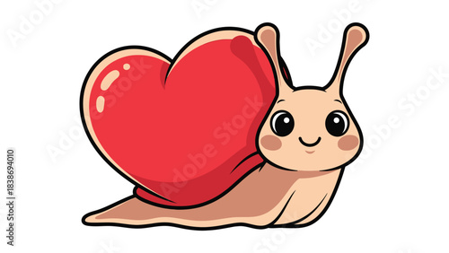 Cartoon snail with a red heartshaped shell on a white background