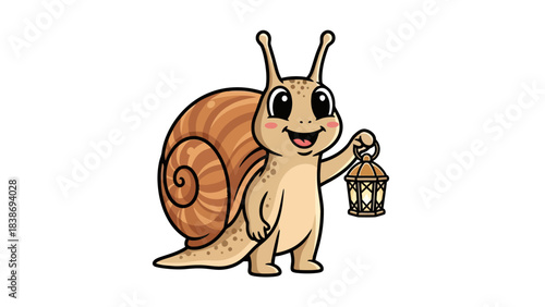 Cartoon snail with shell holding a glowing lantern against a white background