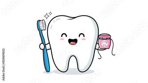 Cartoon tooth holding a toothbrush and a container of dental floss