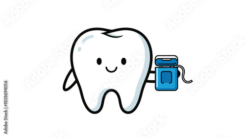 Cartoon tooth with a blue dental floss container