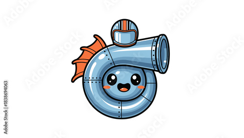 Cartoon turbocharger with a happy face fins and a racing helmet