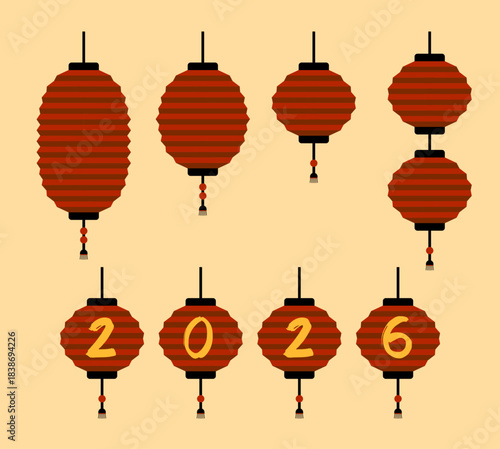 2026の数字入り提灯を含む赤いランタンセット。春節・旧正月・中国風デザインに使える装飾用ベクターイラスト。