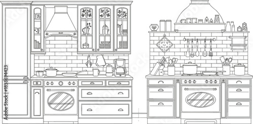 Detailed Kitchen Interior Furniture Vector Outline Set, Vintage Home Appliance Line Art Drawing, Cabinets, Stove, and Utensils