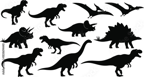 Dinosaur Silhouette Vector Collection, Prehistoric Animal Outline Set, Tyrannosaurus, Triceratops, and Pterodactyl Black Graphic