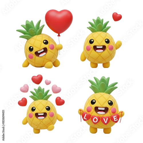 A collection of four charming 3D pineapple characters, each with a cute, smiling face, conveying emotions of love and joy through heart symbols, balloons, and banners.