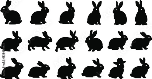 Set of decorative rabbit silhouettes, cute bunny sitting and running, easter animal design collection, isolated, cad drawing flat vector illustration.