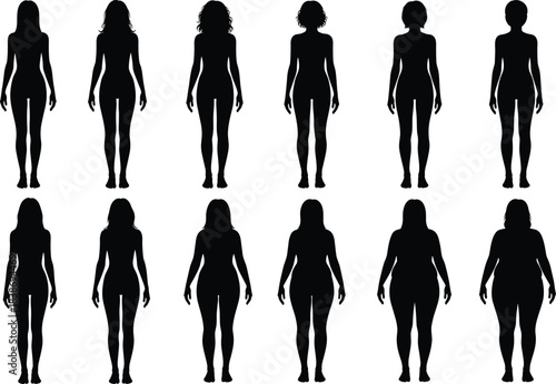 Set of female body silhouettes showing different weights and shapes, slimming progress concept, cad drawing flat vector illustration