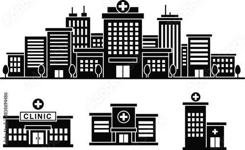 Set of hospital building silhouettes, medical clinic icons, healthcare city skyline, emergency center exterior, black architecture design, cad drawing flat vector illustration