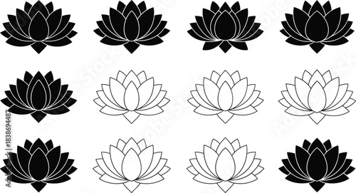 Set of lotus flower icons, black silhouette and outline, yoga meditation symbol, spa wellness design isolated, cad drawing flat vector illustration