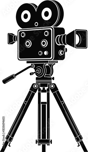 Vintage Film Camera on Tripod Silhouette Vector, Retro Movie Production Equipment Icon, Cinema and Videography Symbol Black and White