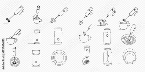 Set of hand-drawn sketches of milk frothers and coffee grinders, illustrating various uses and designs of kitchen appliances.