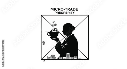 Silhouette of a person holding a cup of tea, symbolizing micro-trade and prosperity with city skyline.
