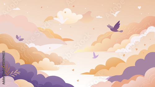 Whimsical sunset sky background with birds flying through soft peach and purple clouds. Ethereal atmospheric landscape for inspirational posters, nursery wallpaper, and peaceful web design.
