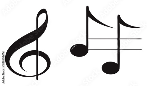 Elegant black treble clef and musical notes isolated on a white background. Classic song symbols for music schools, concert posters, creative branding, and artistic composition templates.